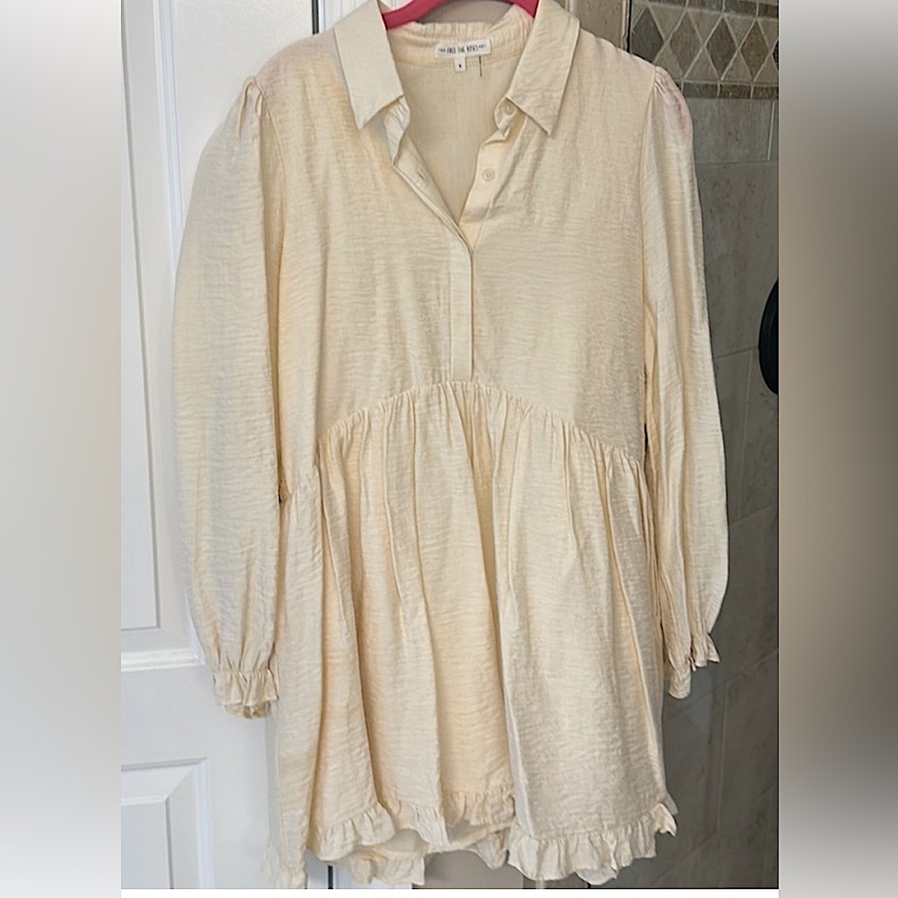 Free the Roses Long Sleeve Button Up Ivory Ruffle Dress